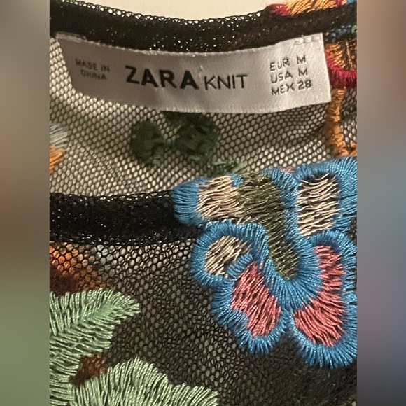 Zara Knit Slip Dress with Vibrant Floral Embroidered Mesh Overlay Size Medium - Picture 7 of 9